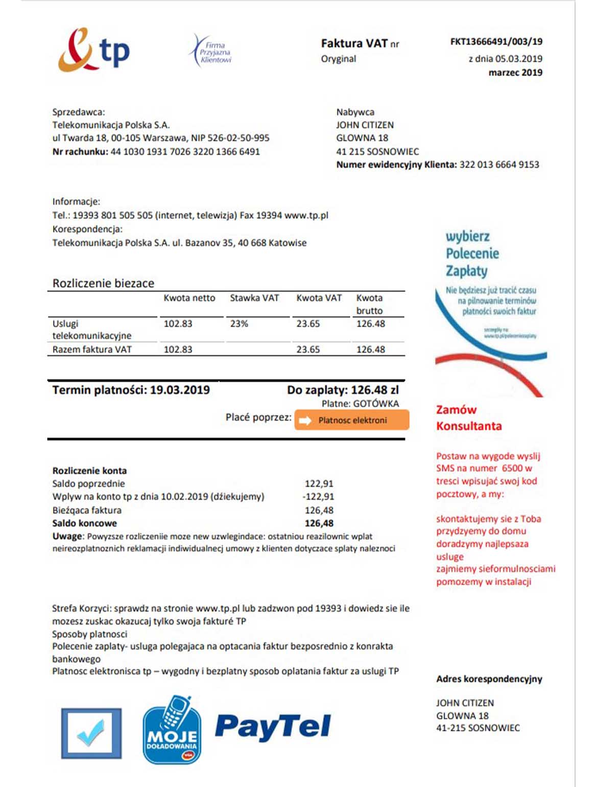 Poland TP utility bill, PDF and Word download template
